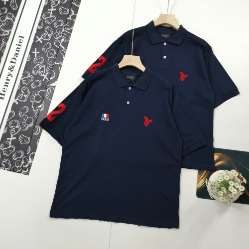 Balenciaga Distressed Polo Shirt - Embroidered Detail, Navy Blue, XS-L 1 Balenciaga Distressed Polo Shirt - Embroidered Detail, Navy Blue, XS-L