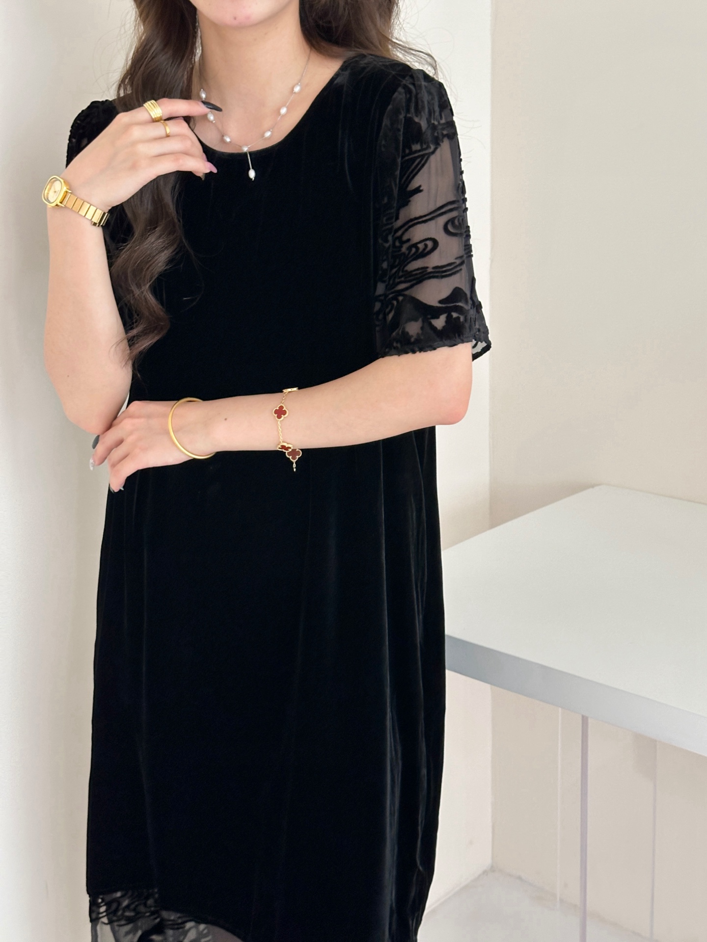 Elegant Silk Velvet Patchwork Dress with Floral Burnout Details 2 i1750301609891 9770 0 4