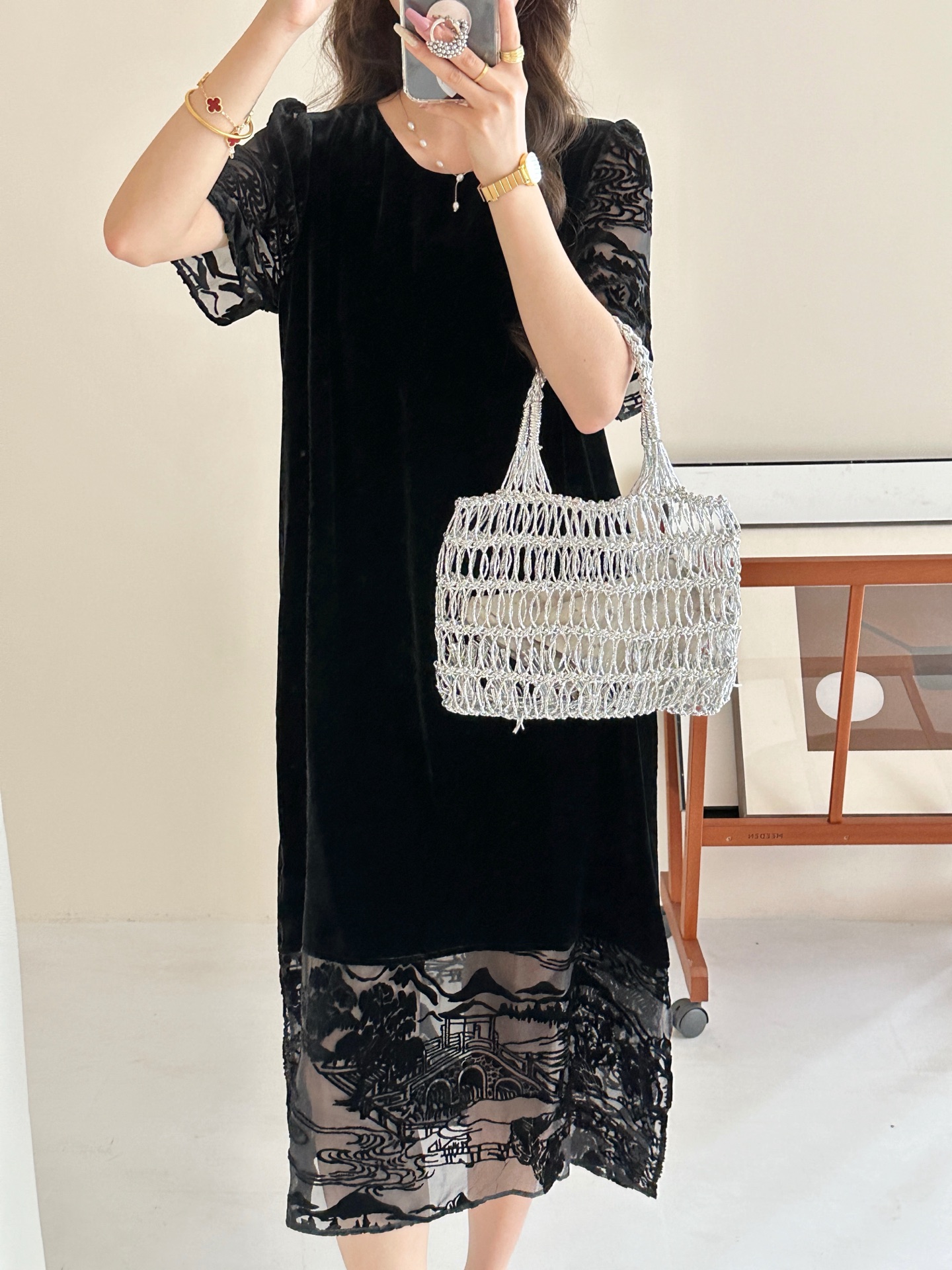 Elegant Silk Velvet Patchwork Dress with Floral Burnout Details 4 i1750301609954 9028 0 7