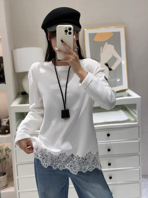 Elegant White Cotton Long Sleeve T-Shirt with Lace Hem Detail 1 Elegant White Cotton Long Sleeve T-Shirt with Lace Hem Detail