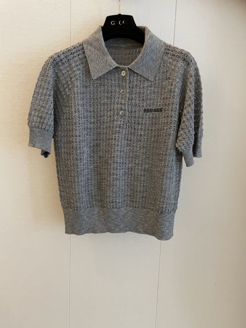 Miu Miu Women's Gray Cotton Blend Cropped Knit Polo Shirt, Short Sleeve 1 Miu Miu Women’s Gray Cotton Blend Cropped Knit Polo Shirt, Short Sleeve