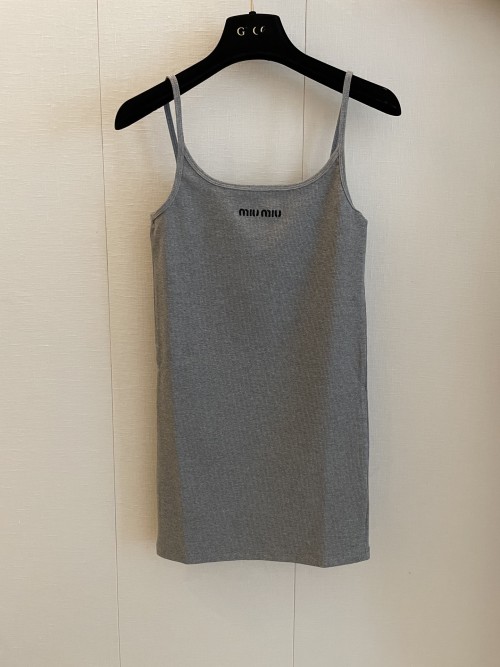 Miu Miu Logo Embroidered Spaghetti Strap Dress, Slim Fit, Gray 1 Miu Miu Logo Embroidered Spaghetti Strap Dress, Slim Fit, Gray