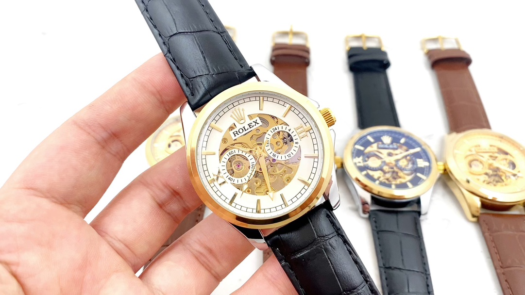 UK Sale
 Rolex Watch White Openwork Men Calfskin Cowhide Casual Automatic Mechanical Movement Strap