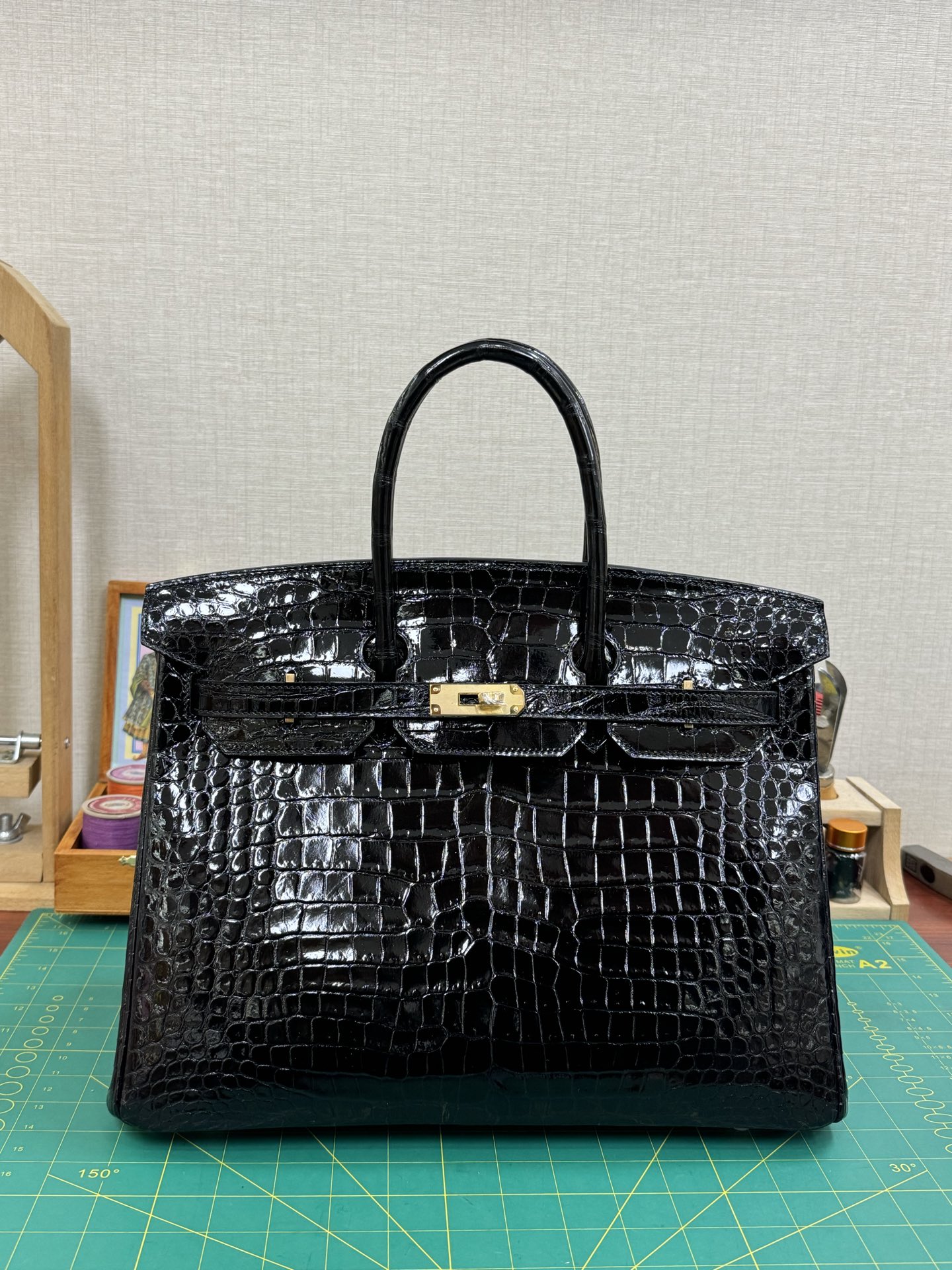 Hermes Birkin 35 Black crocodile embossed patent 35 work everyday