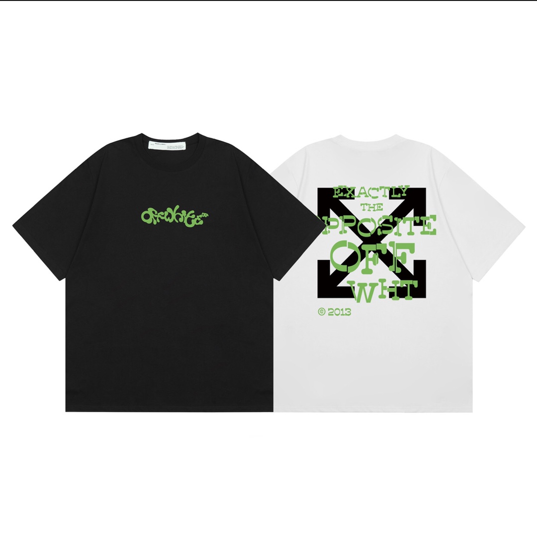 P60 Camiseta clásica de manga corta OFF-WHITE con estampado de letras verdes, unisex, misma que usan las celebridades. …