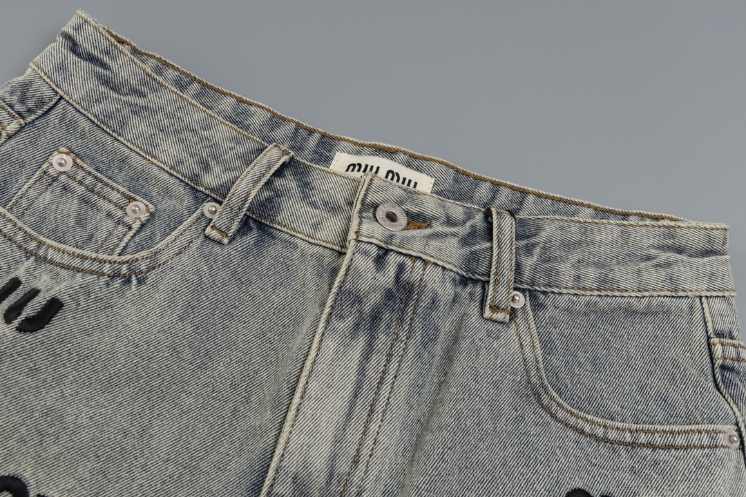 Miumiu Embroidered High Waist Jeans: Top Quality Retro Cotton Cowboy Clothes - 图片 3