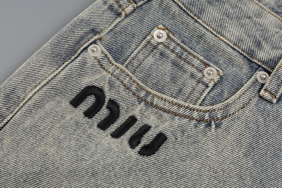 Miumiu Embroidered High Waist Jeans: Top Quality Retro Cotton Cowboy Clothes - 图片 8