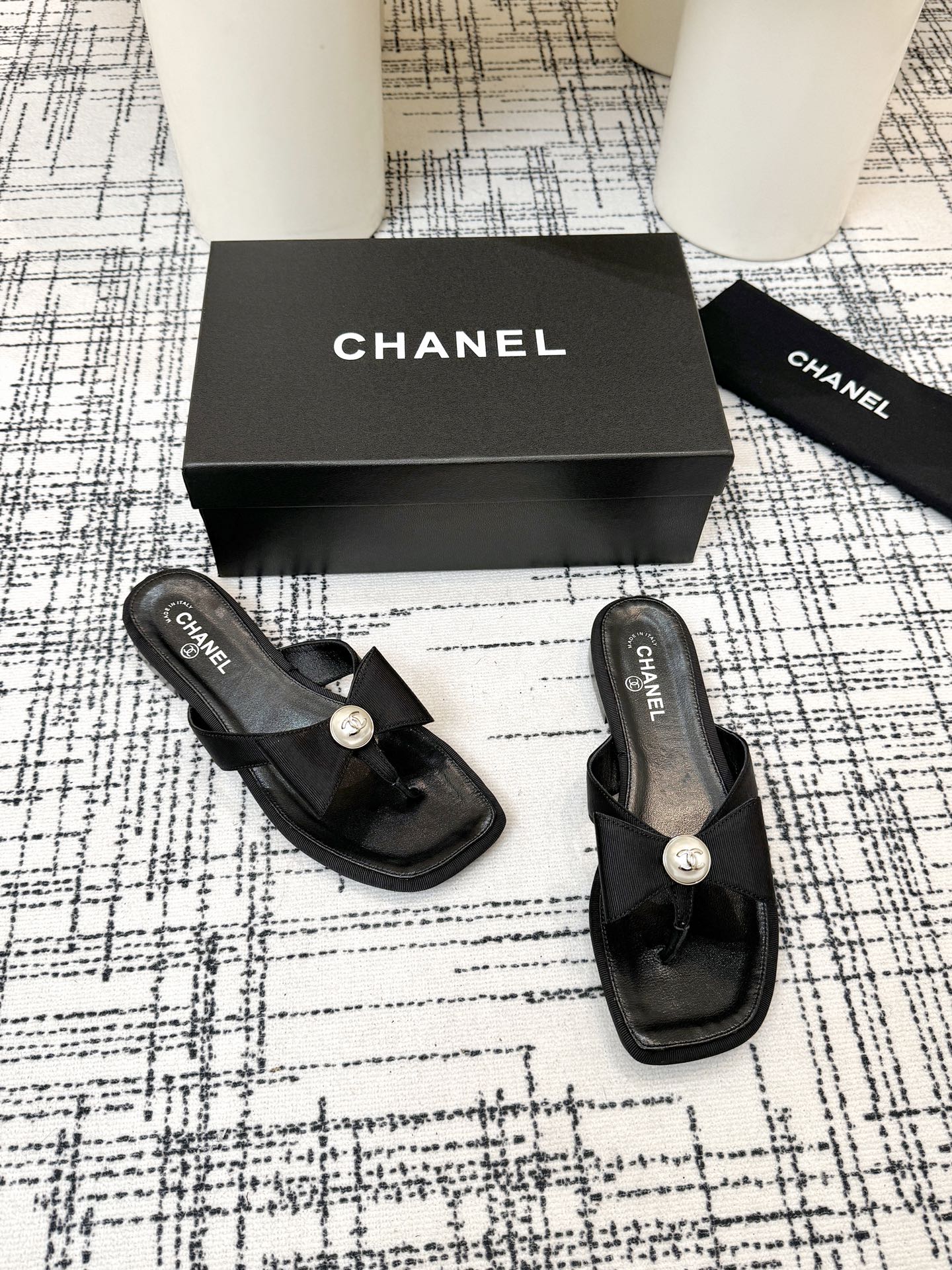 Chanel Black Square Toe Thong Sandals