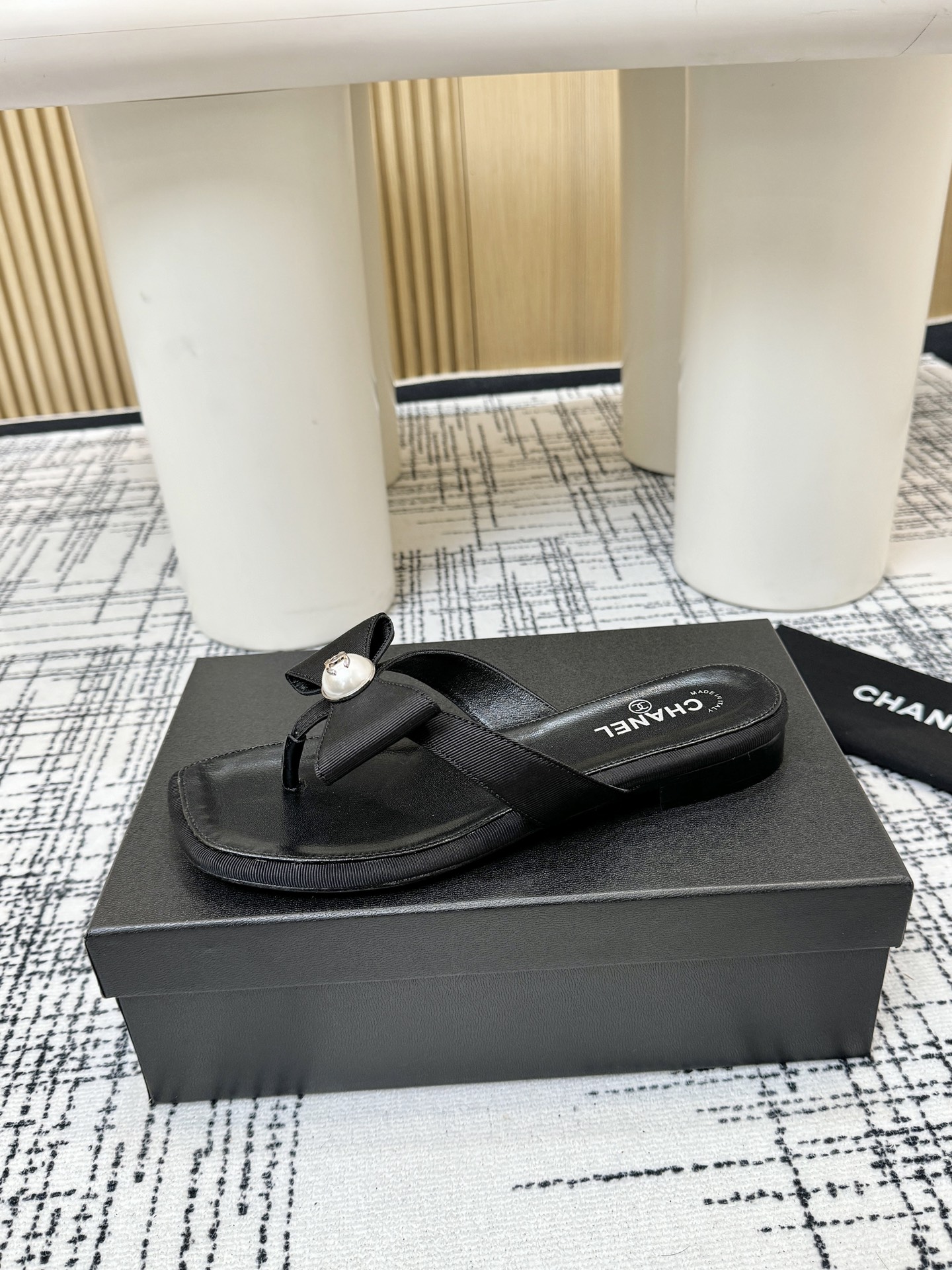 Chanel Black Square Toe Thong Sandals