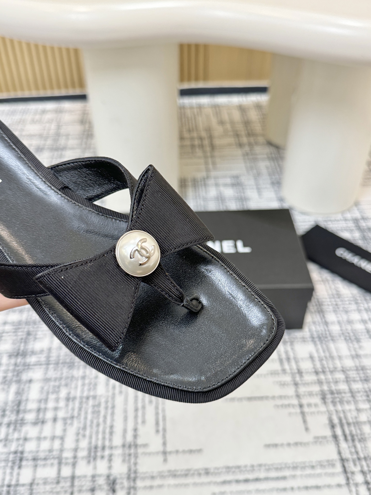 Chanel Black Square Toe Thong Sandals