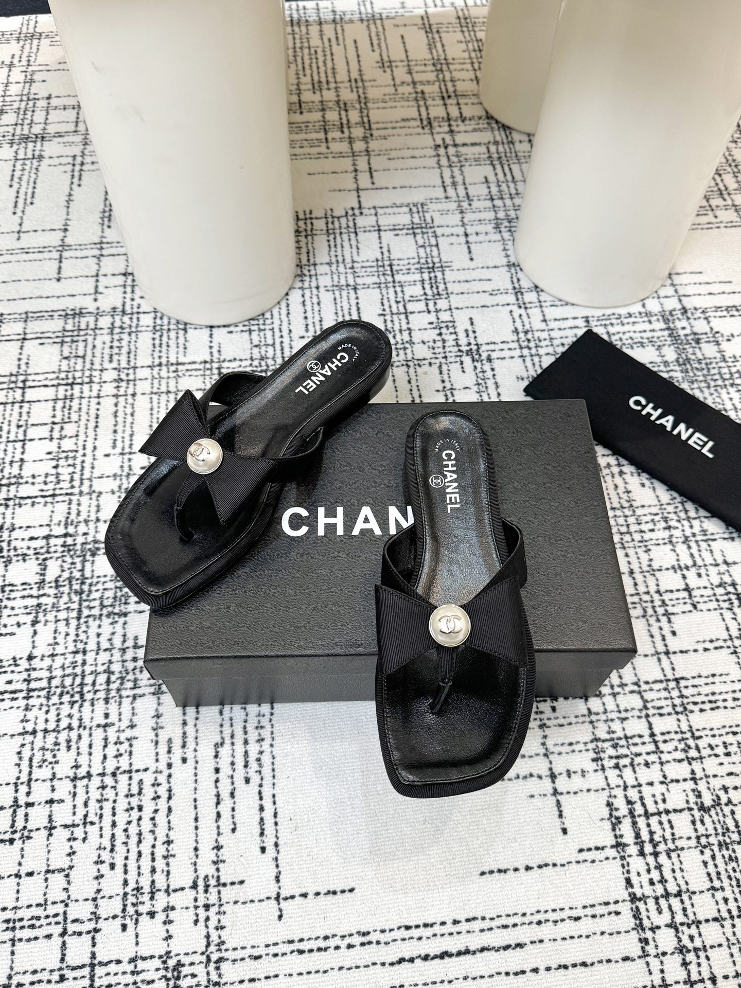 Chanel Black Square Toe Thong Sandals