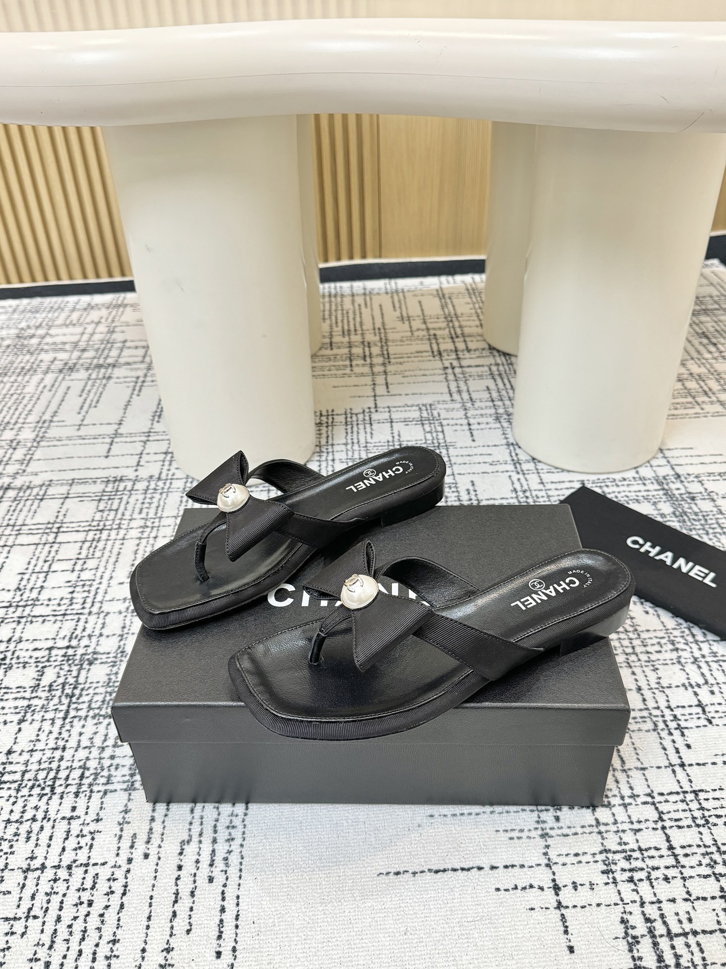 Chanel Black Square Toe Thong Sandals