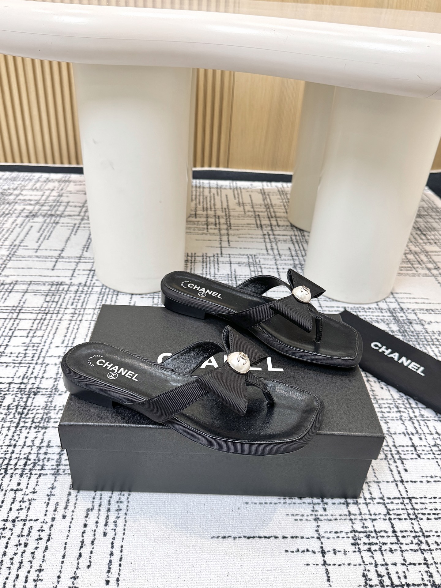 Chanel Black Square Toe Thong Sandals