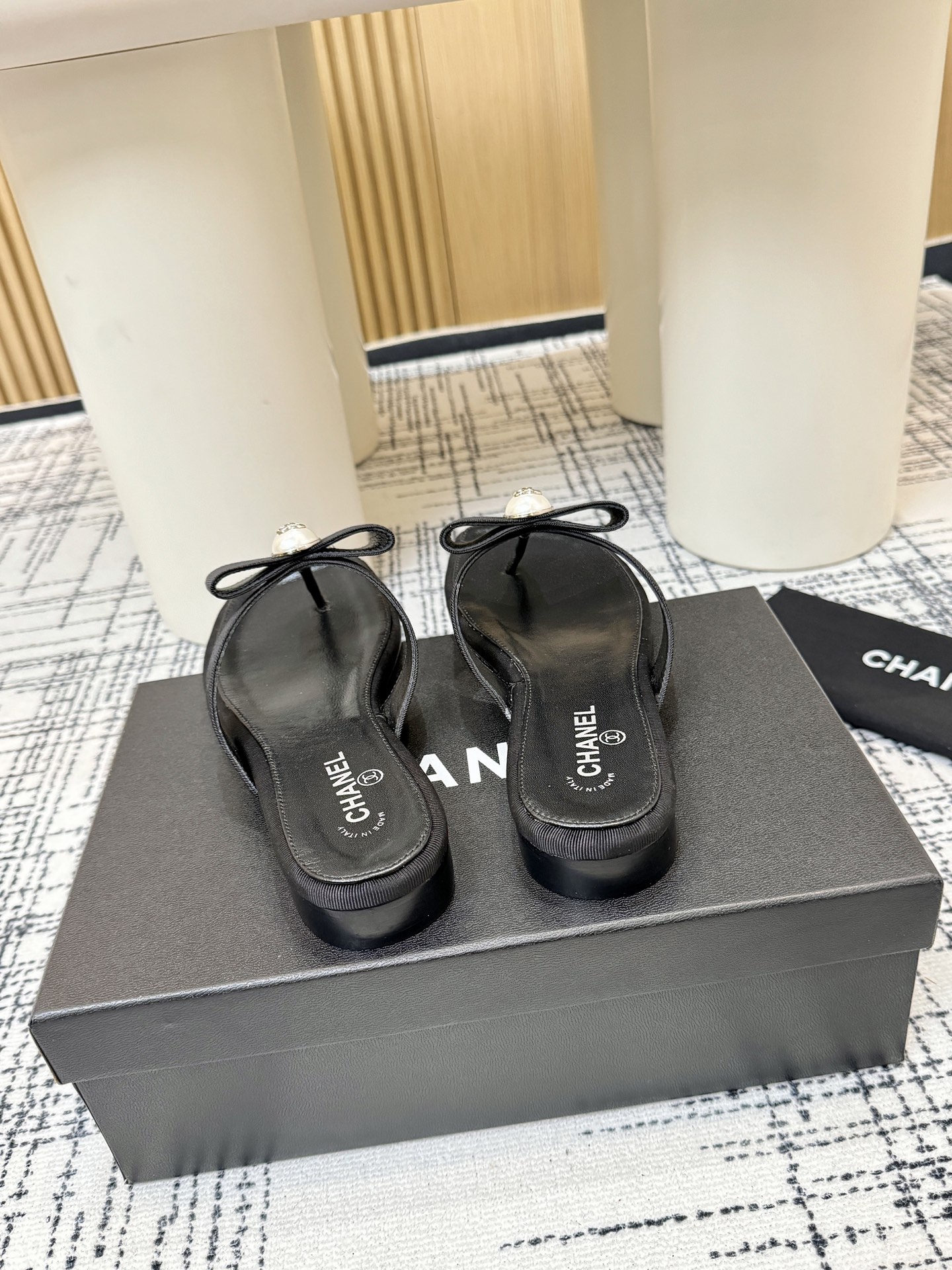 Chanel Black Square Toe Thong Sandals