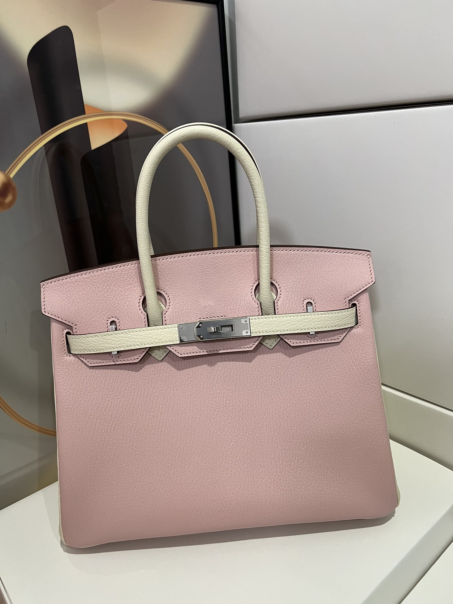 Hermès Rare matching version of the best birkin BK30 goatskin 3Q cherry blossom pink and cream white silver buckle foreigner order