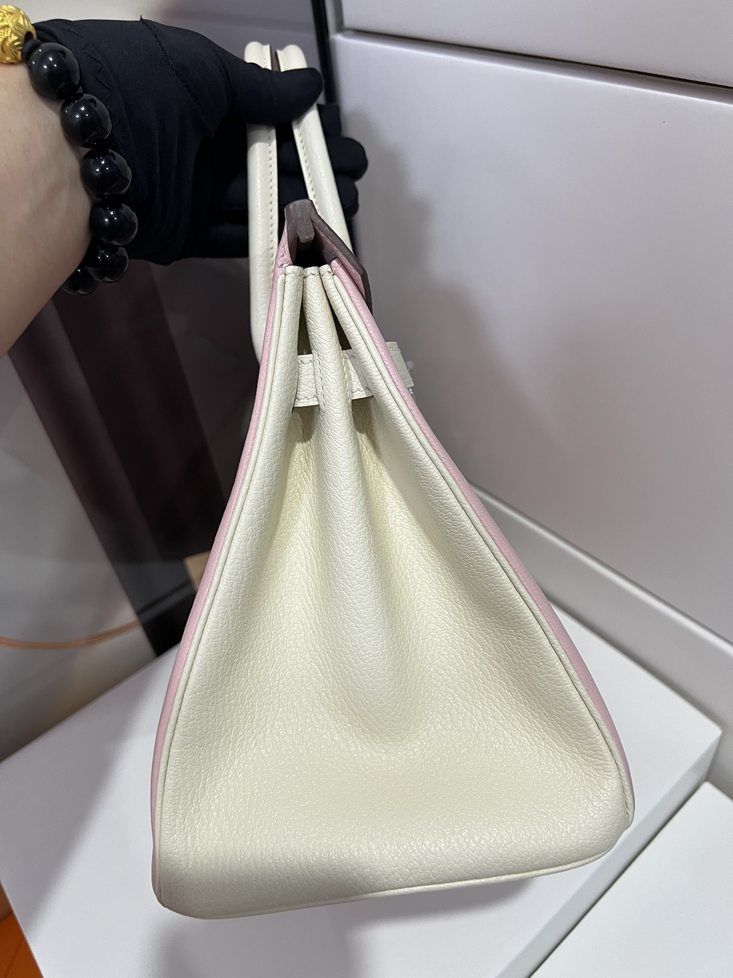 Hermès Rare matching version of the best birkin BK30 goatskin 3Q cherry blossom pink and cream white silver buckle foreigner order