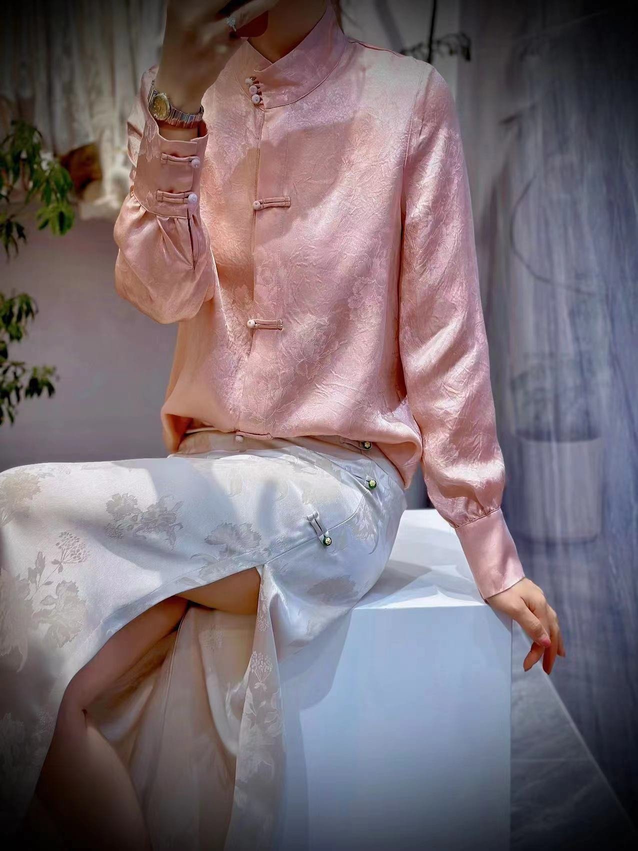  原创醋酸提花中式上衣，粉色，S- XL