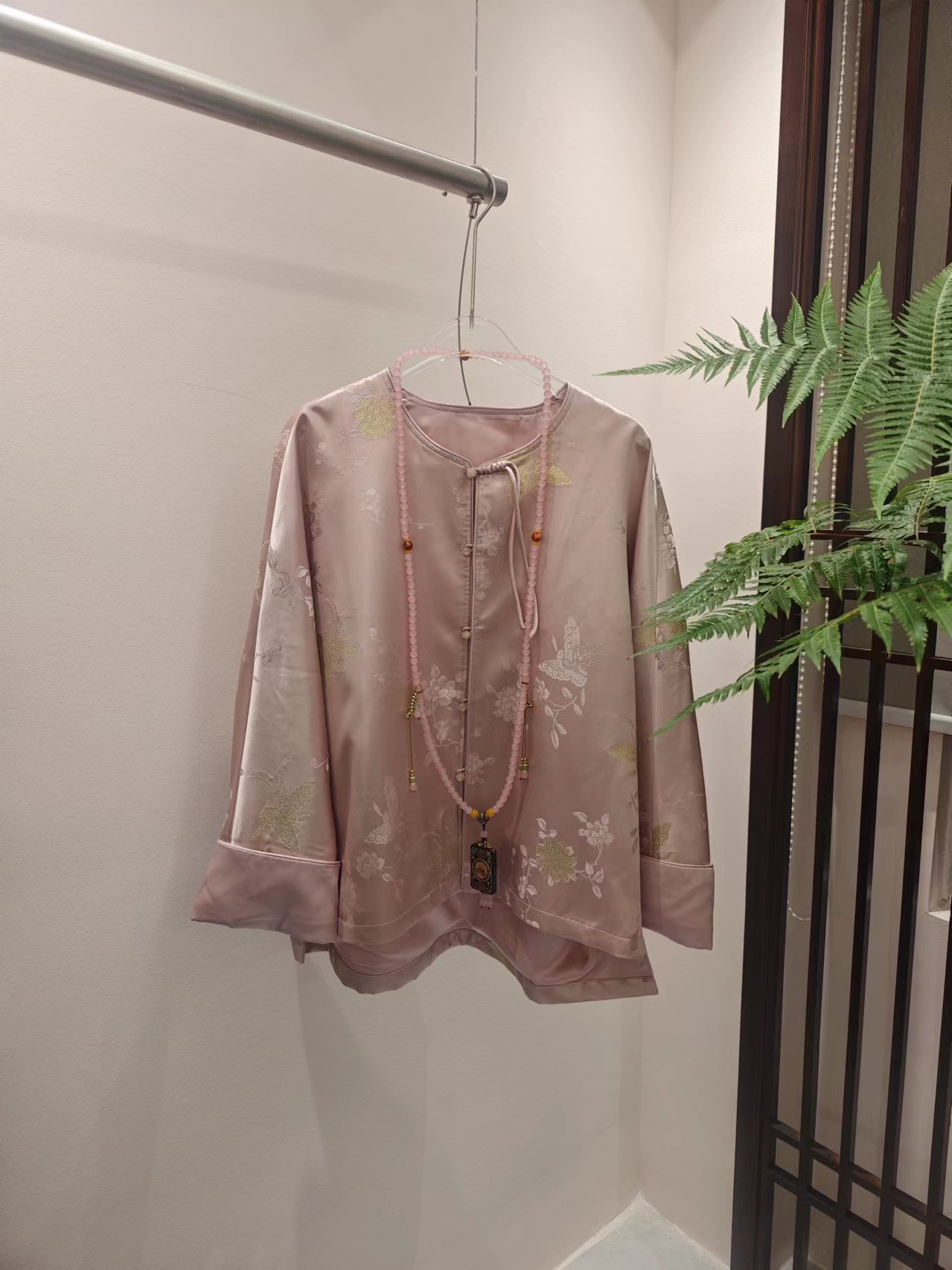 ????国风新中式织金蝴蝶真丝提花中式外套，粉色，S- XL