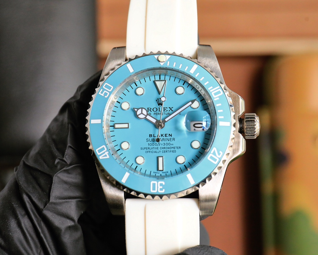 Blaken Rolex Submariner Style Watch - Custom Turquoise Dial, White Rubber Strap