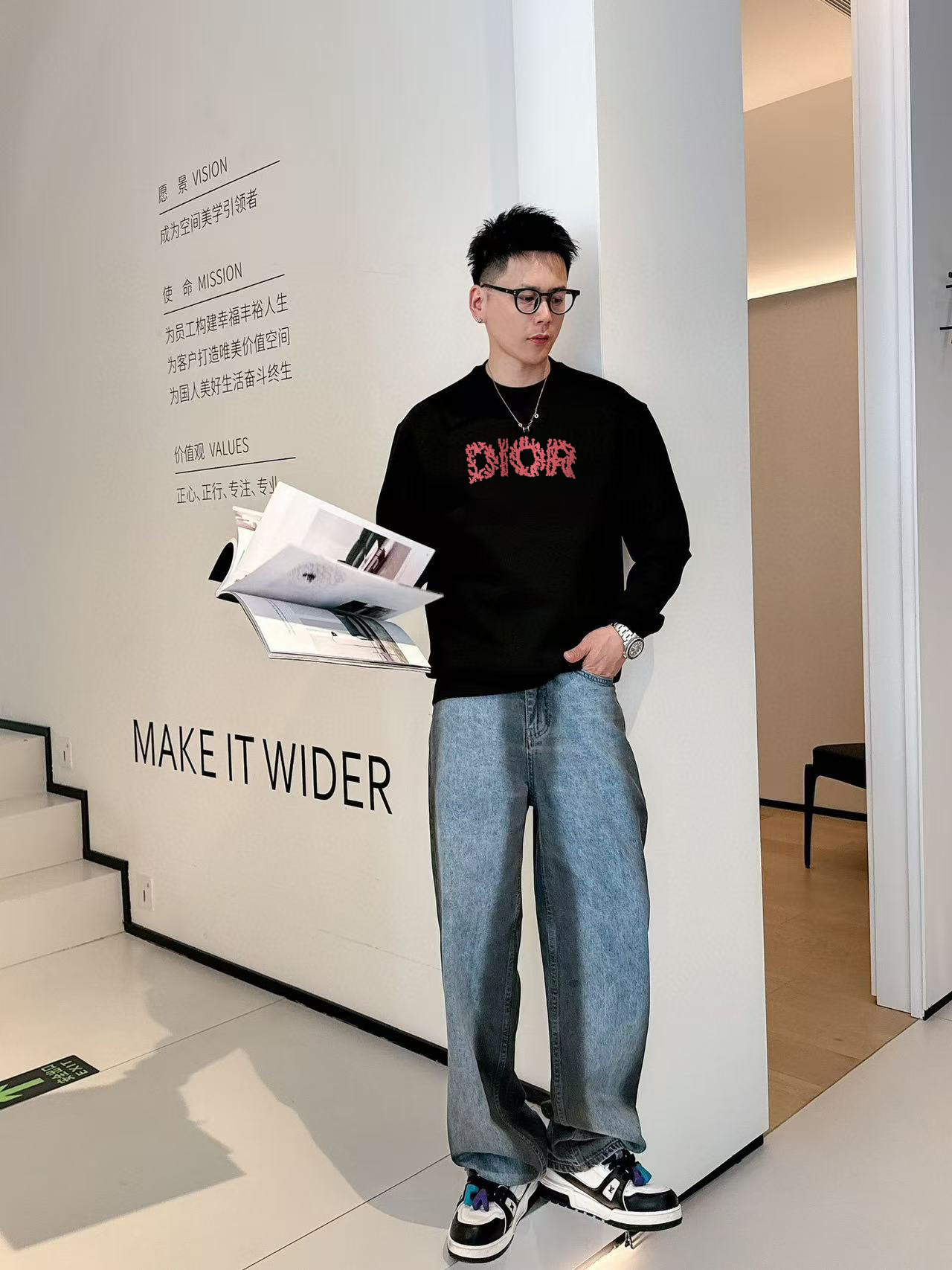 Dior Round Neck Sweatshirt 400G Cotton Blend Casual Pullover Long Sleeve