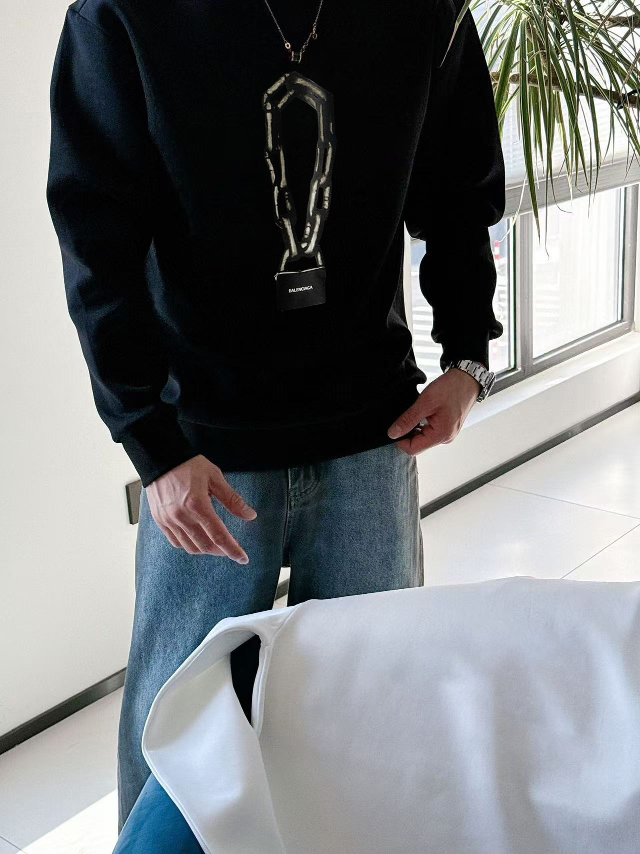 Balenciaga 2025 Black Cotton Crewneck Sweatshirt with Chain Detail - M to 3XL