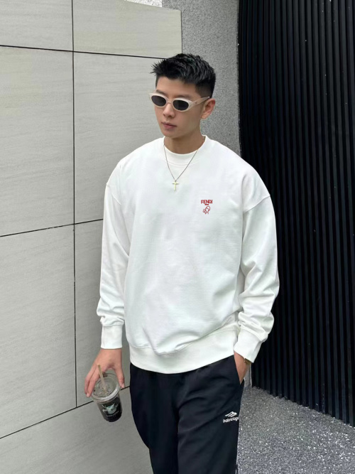 Fendi 2025 Men's White Cotton Crew Neck Sweatshirt Long Sleeve Top 1 Fendi 2025 Men's White Cotton Crew Neck Sweatshirt Long Sleeve Top