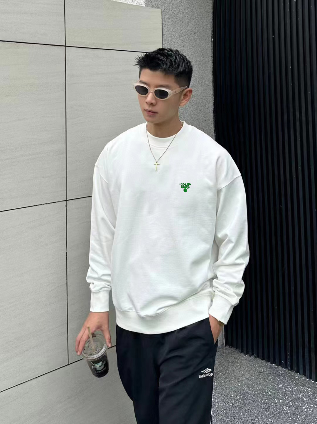 Prada Men's White Cotton Crewneck Sweatshirt With Green Logo Embroidery