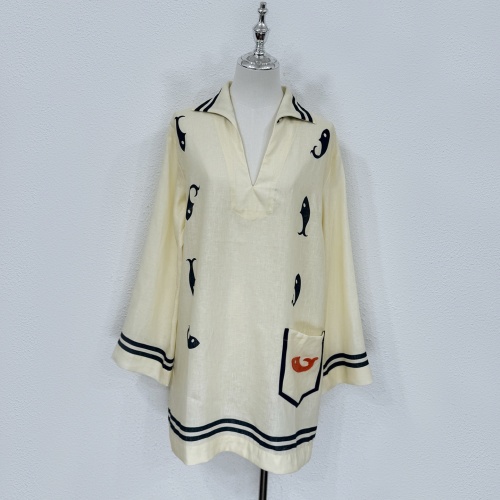 Women's Linen Fish Print Tunic Dress, Long Sleeve, Cream Color 1 Women's Linen Fish Print Tunic Dress, Long Sleeve, Cream Color