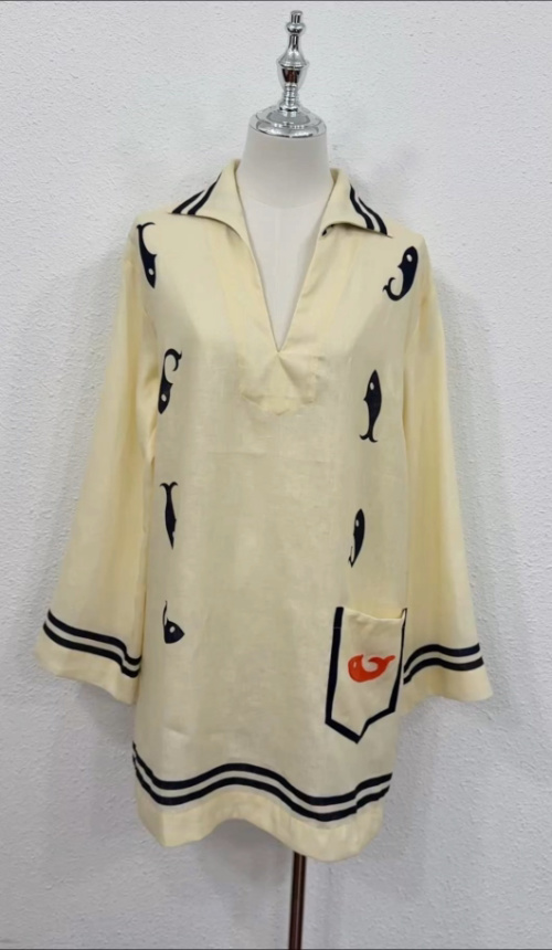 Elegant Women's Linen Tunic Dress with Nautical Fish Print and Long Sleeves 1 Elegant Women's Linen Tunic Dress with Nautical Fish Print and Long Sleeves