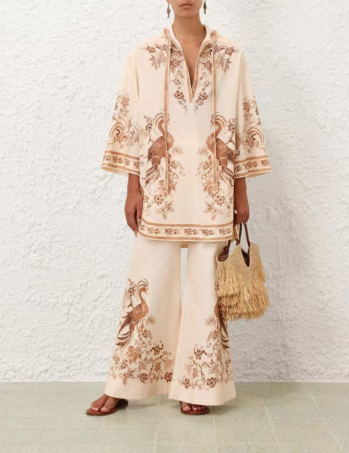 Floral Print Cotton Top and Wide Leg Pants Set with Peacock Embroidery 1 Floral Print Cotton Top and Wide Leg Pants Set with Peacock Embroidery