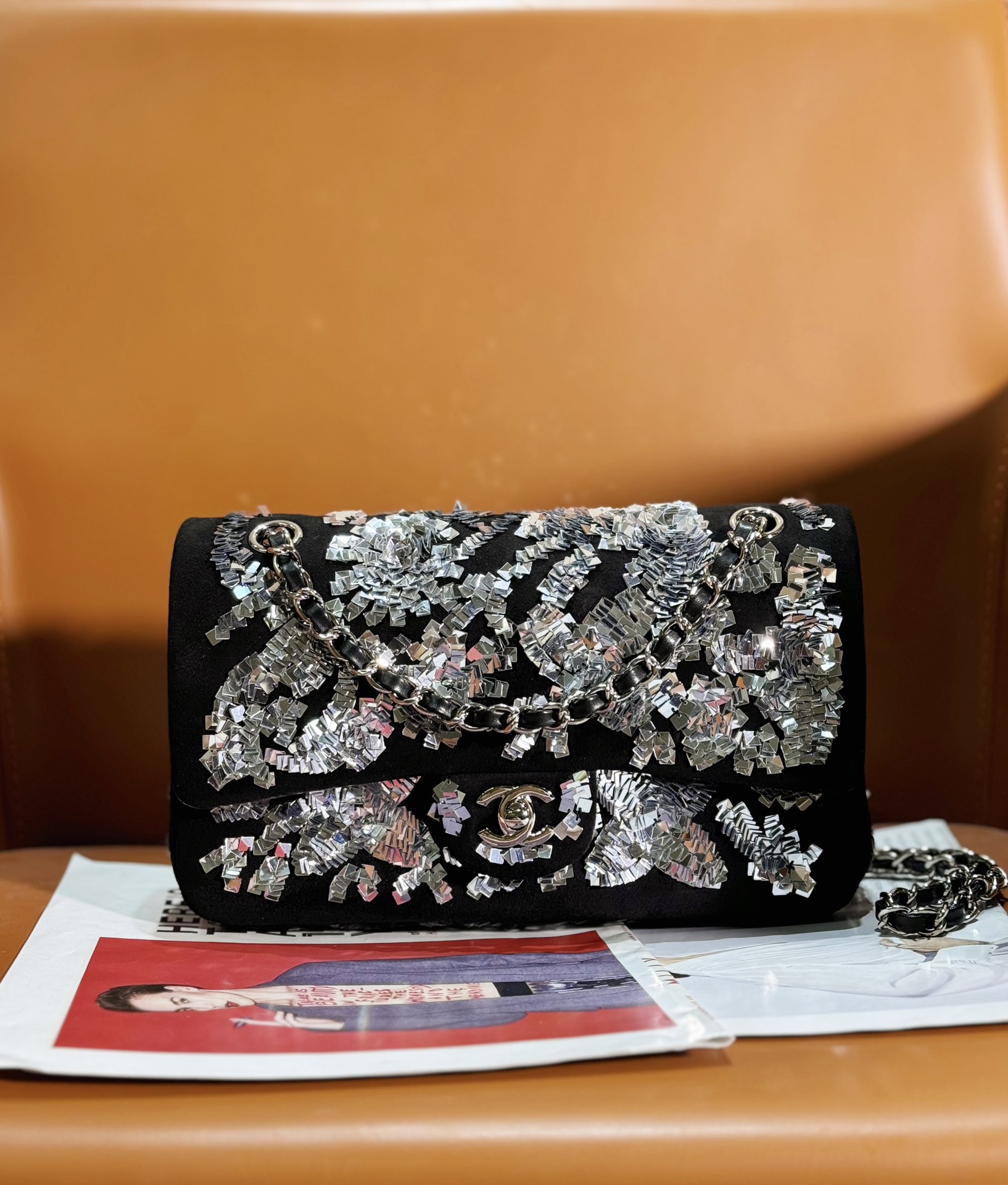 שאנל Chanel Classic Flap Bag תיקים תיקי כתף וצד שחור רוז כסף קבע עם יהלומים Weave אוסף נפל/חורף Vintage