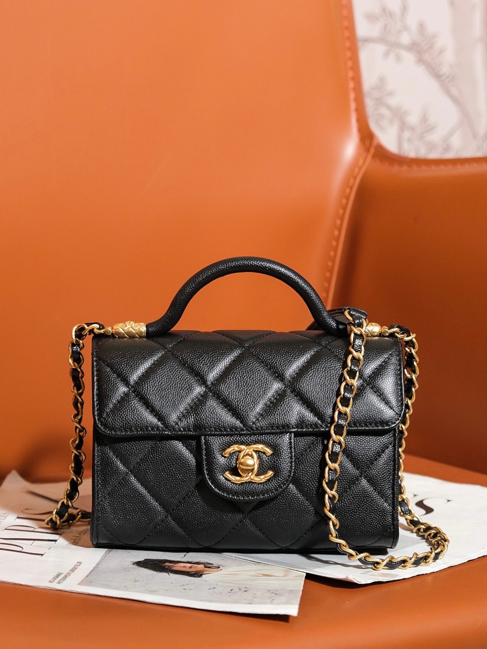 Chanel Crossbody & Shoulder Bags Black Gold Lychee Pattern Cowhide Frosted Summer Collection Mini