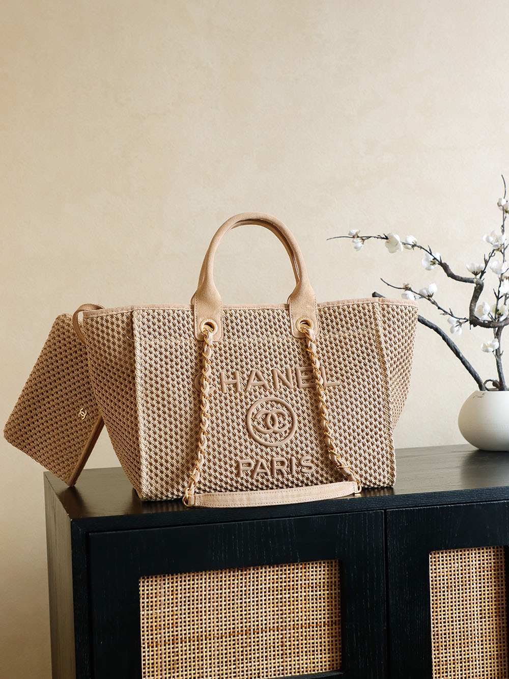 Chanel Raffia Tote Bag with Chain Detail, Beige, Spring Collection 2 i1756390647022 7837 0 2
