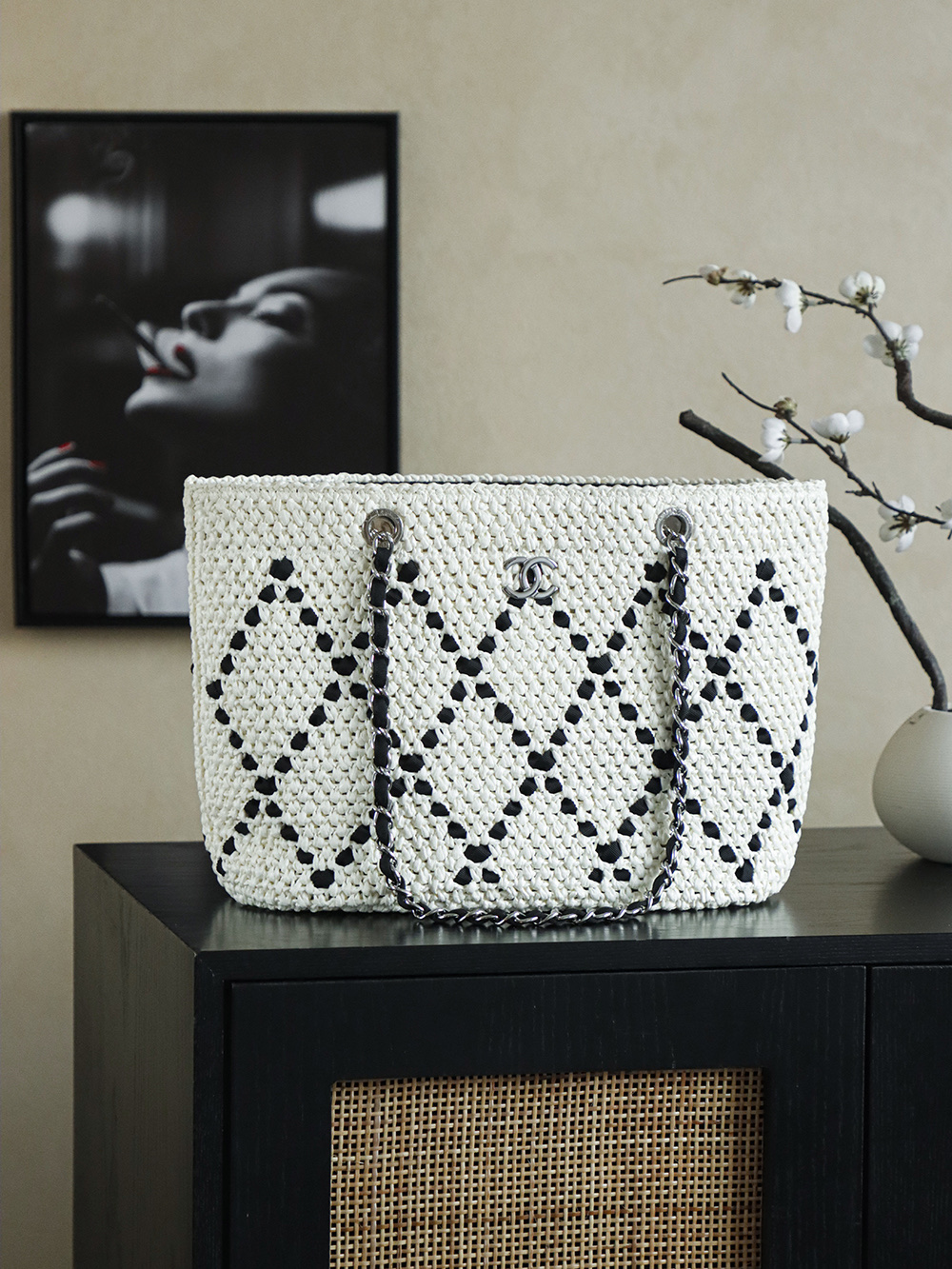 Chanel White & Black Raffia Crochet Large Tote Bag with Chain Straps 2 i1757060586294 6426 0 0