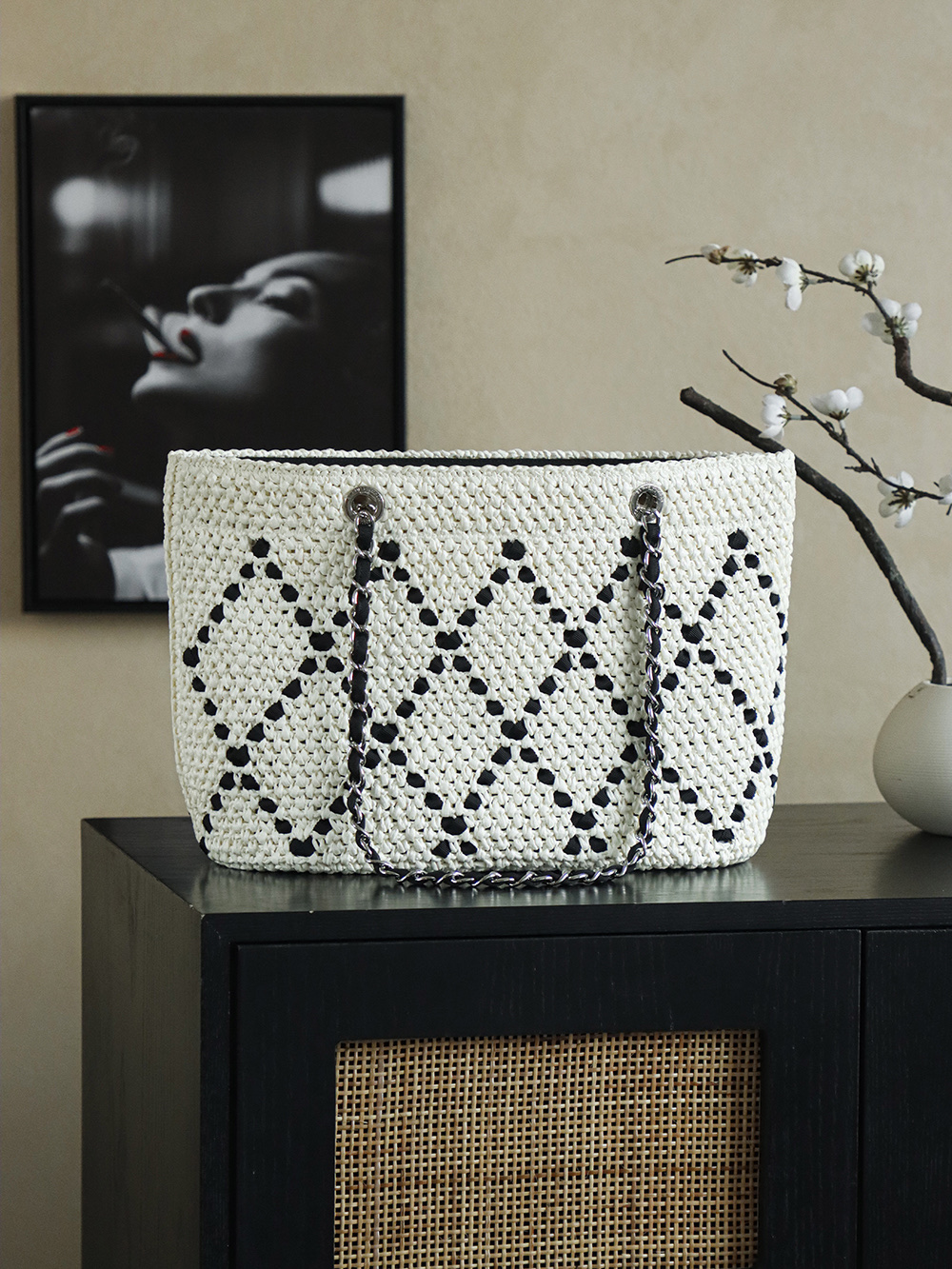 Chanel White & Black Raffia Crochet Large Tote Bag with Chain Straps 3 i1757060586296 9054 0 3