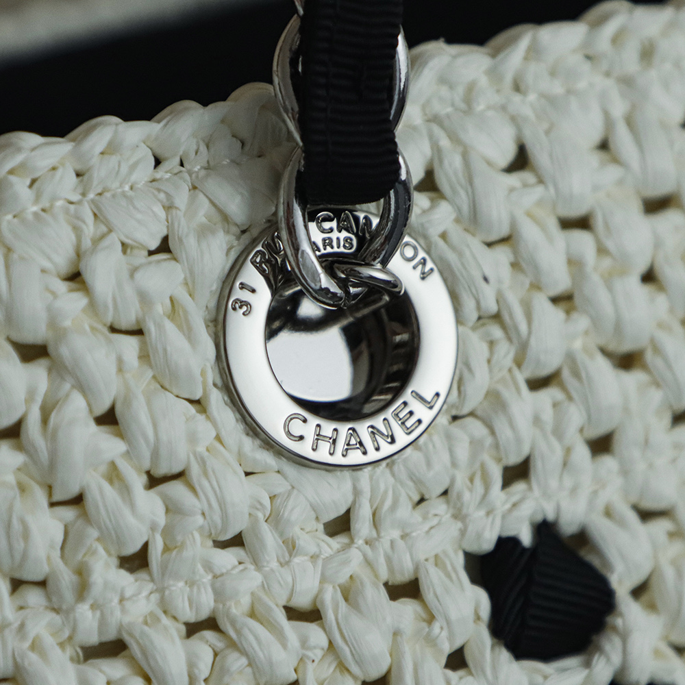 Chanel White & Black Raffia Crochet Large Tote Bag with Chain Straps 8 i1757060587554 4571 0 6