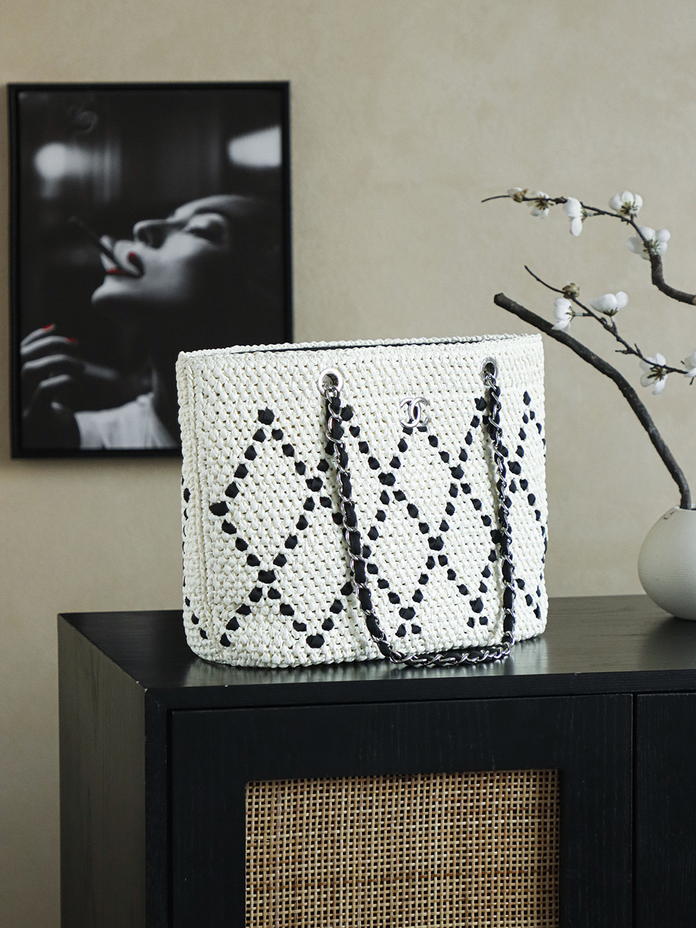 Chanel White & Black Raffia Crochet Large Tote Bag with Chain Straps 4 i1757060587572 4506 0 2