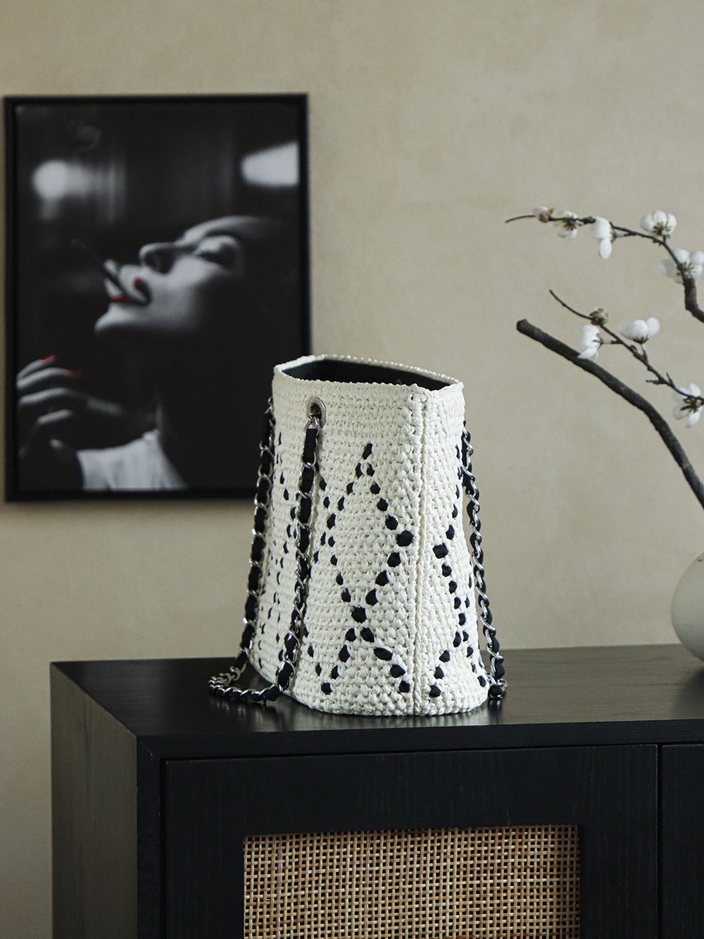 Chanel White & Black Raffia Crochet Large Tote Bag with Chain Straps 5 i1757060587589 3595 0 1