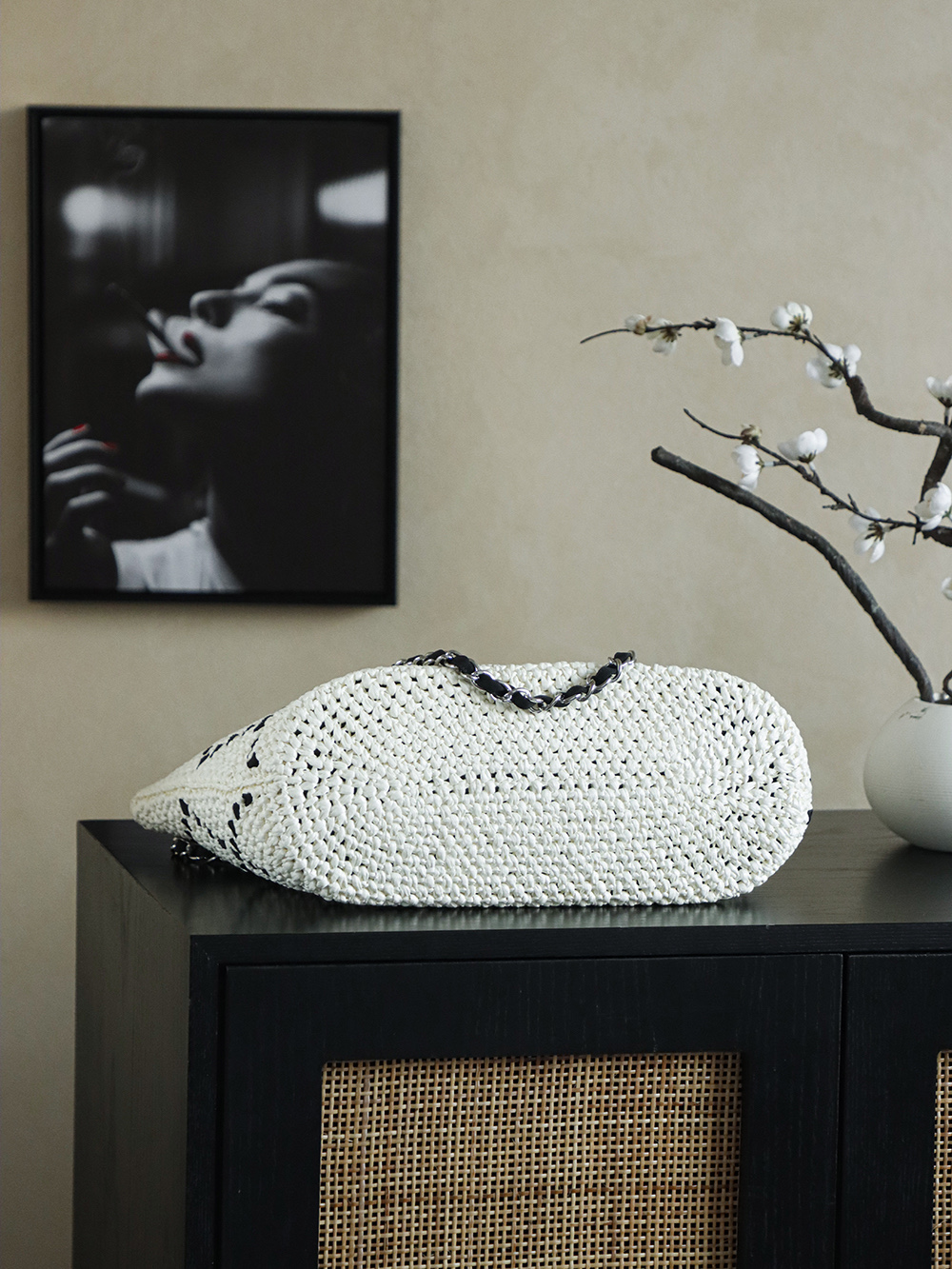 Chanel White & Black Raffia Crochet Large Tote Bag with Chain Straps 6 i1757060587597 6811 0 4