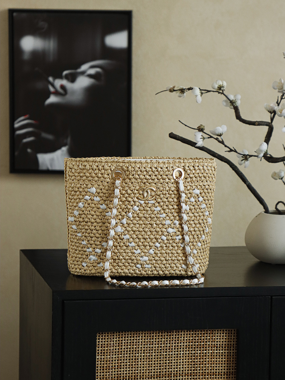 Chanel Raffia Woven Tote Bag, Small, Apricot and White, Spring/Summer Collection