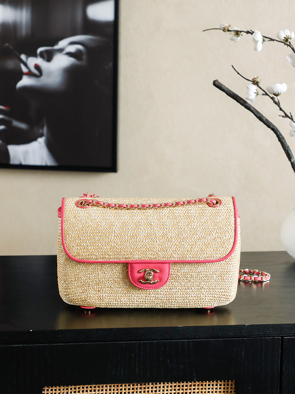 Chanel Raffia Flap Bag, Woven Design with Pink Leather Trim, 26cm 2 i1757685423864 9173 0 0