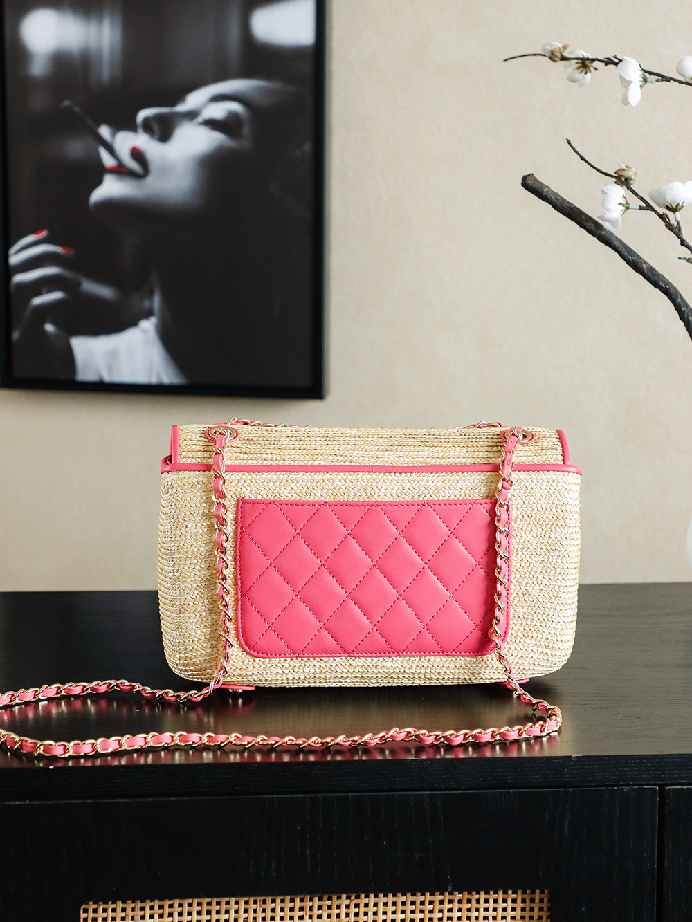 Chanel Raffia Flap Bag, Woven Design with Pink Leather Trim, 26cm 4 i1757685423880 4385 0 3