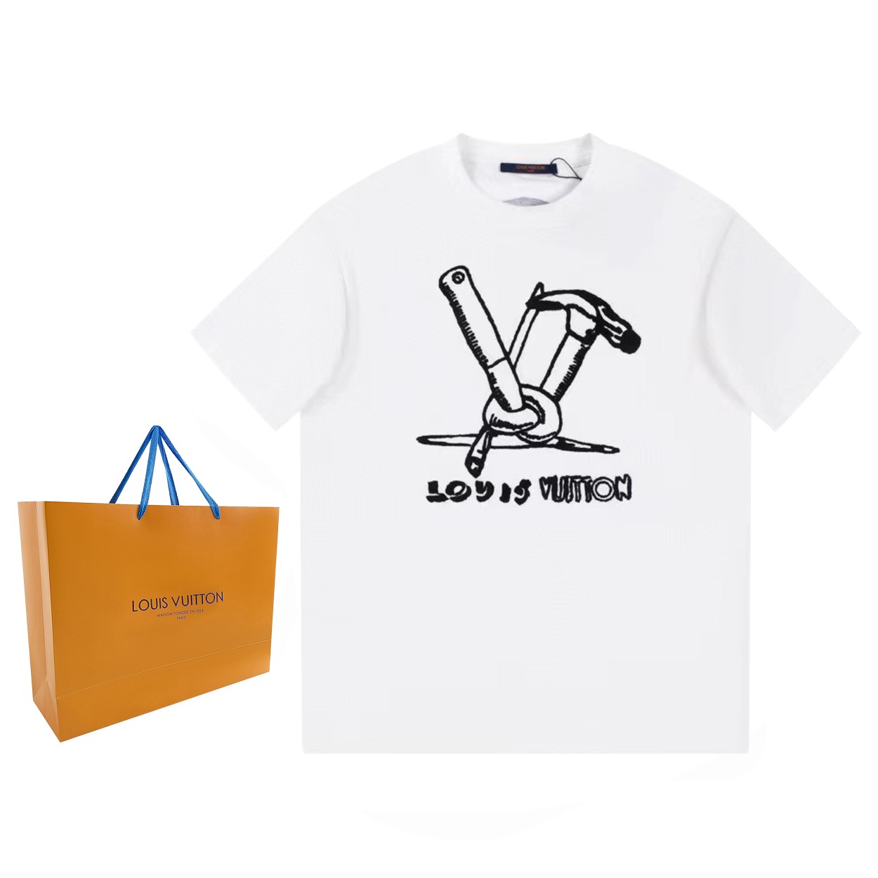 Louis Vuitton Kleding T-Shirt Zwart Wit Borduurwerk Unisex Katoen Fashion Korte mouw