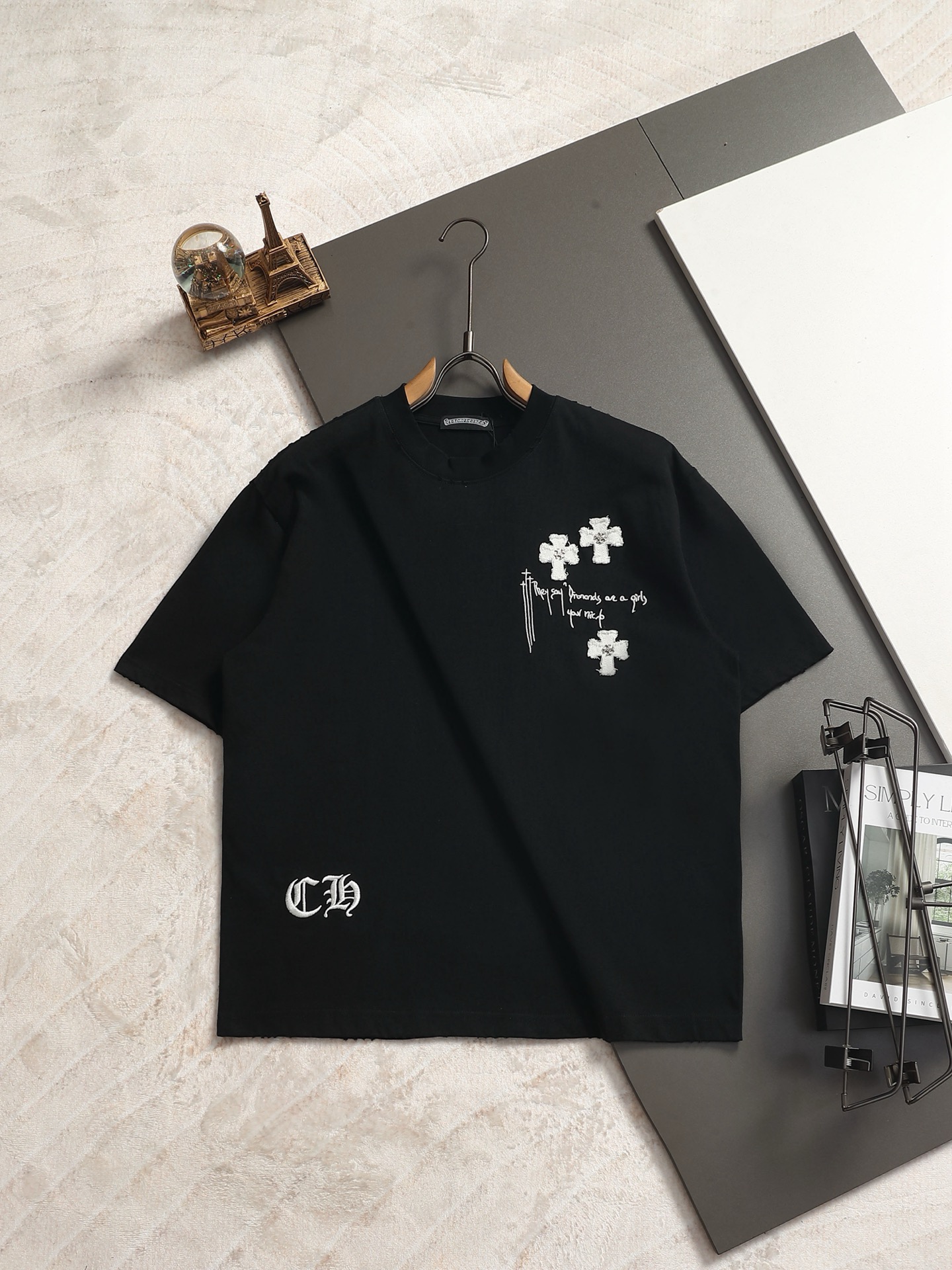 Chrome Hearts 𝗖𝗵𝗿𝗼𝗺𝗲 𝗛𝗲𝗮𝗿𝘁𝘀/克罗心2025十字架贴布刺绣夏季新款 美式酸洗做旧激光烧花贴布绣情侣休闲短袖T恤
