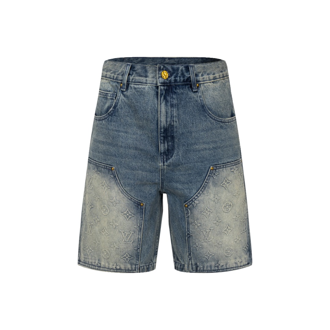 P198 Versión premium, comparación libre en el mercado. LV 23ss Pantalones cortos vaqueros con gofrado en relieve (azul …