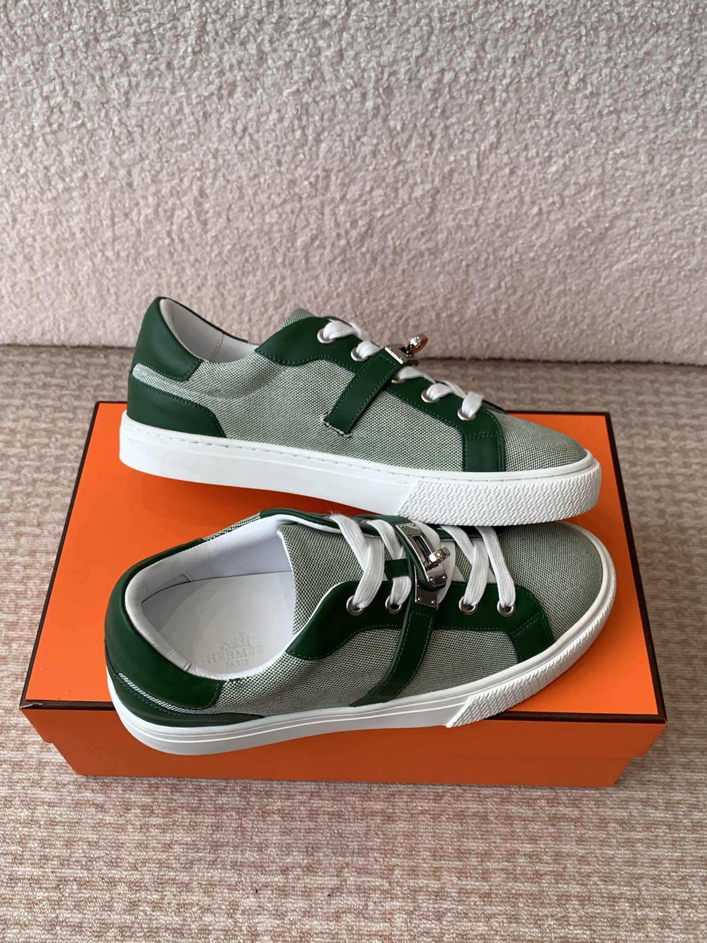 Hermes Kelly Buckle H-Strap Thick Sole Sneakers - Couple Style, Green Leather