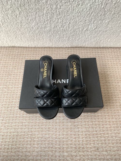Chanel 24SS Two-Band Heeled Sandals Lambskin Leather Black Size 35-41