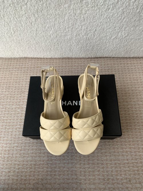 Chanel 24SS Heeled Sandals with Double Straps, Lambskin Leather, Beige 1 Chanel 24SS Heeled Sandals with Double Straps, Lambskin Leather, Beige