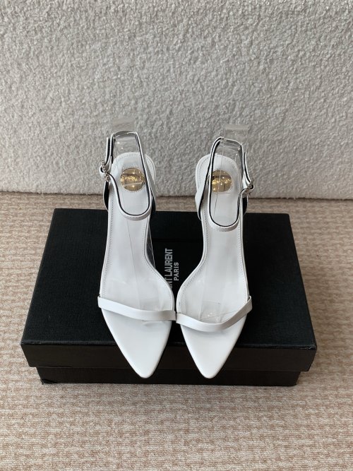 Saint Laurent White Logo-Heel Leather Sandals Pointed Toe Ankle Strap 1 Saint Laurent White Logo-Heel Leather Sandals Pointed Toe Ankle Strap