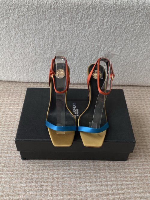Yves Saint Laurent Logo-Heel Sandal, Colorful Straps, Leather Sole, 10.5cm Heel 1 Yves Saint Laurent Logo-Heel Sandal, Colorful Straps, Leather Sole, 10.5cm Heel